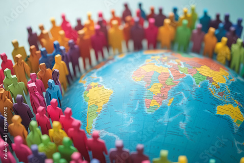 Circular arrangement of colorful paper figures around a bright globe radiating unity and diversity, with copy space. Gentle ambient light. Inspirational world map background.