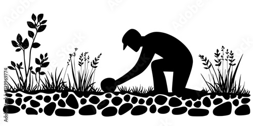Individual placing decorative pebbles along the edges of a garden trail, Digital Art