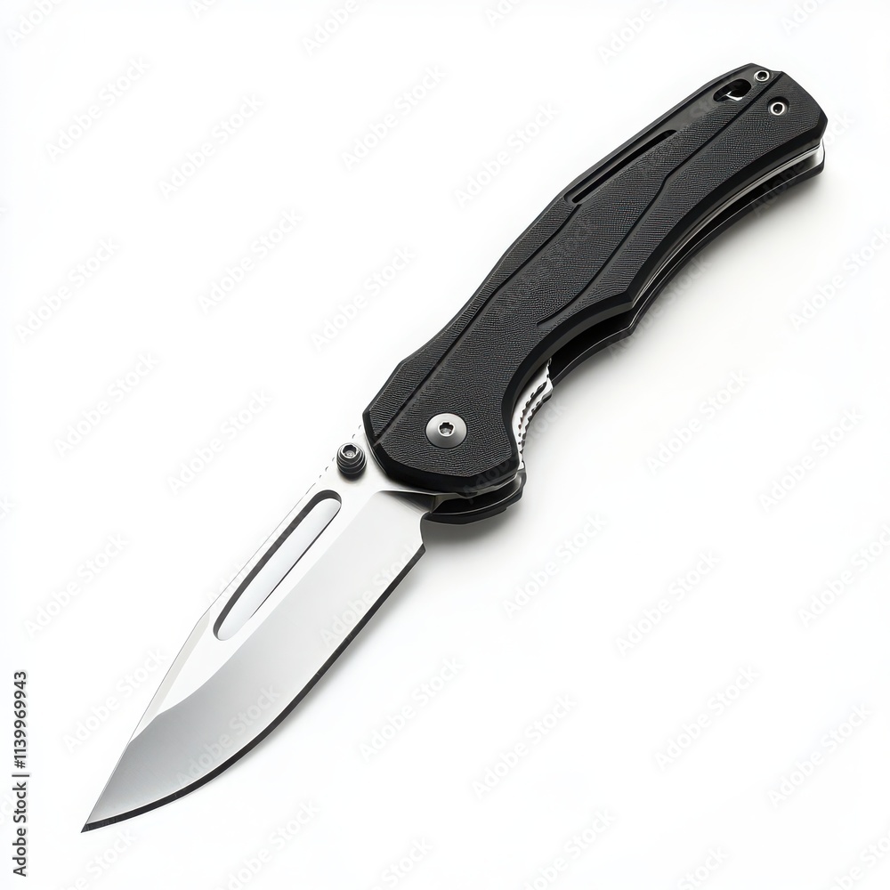 A sharp utility knife with a retractable blade and ergonomic grip on a white background A sharp utility knife with a retractable blade and ergonomic grip on a white background