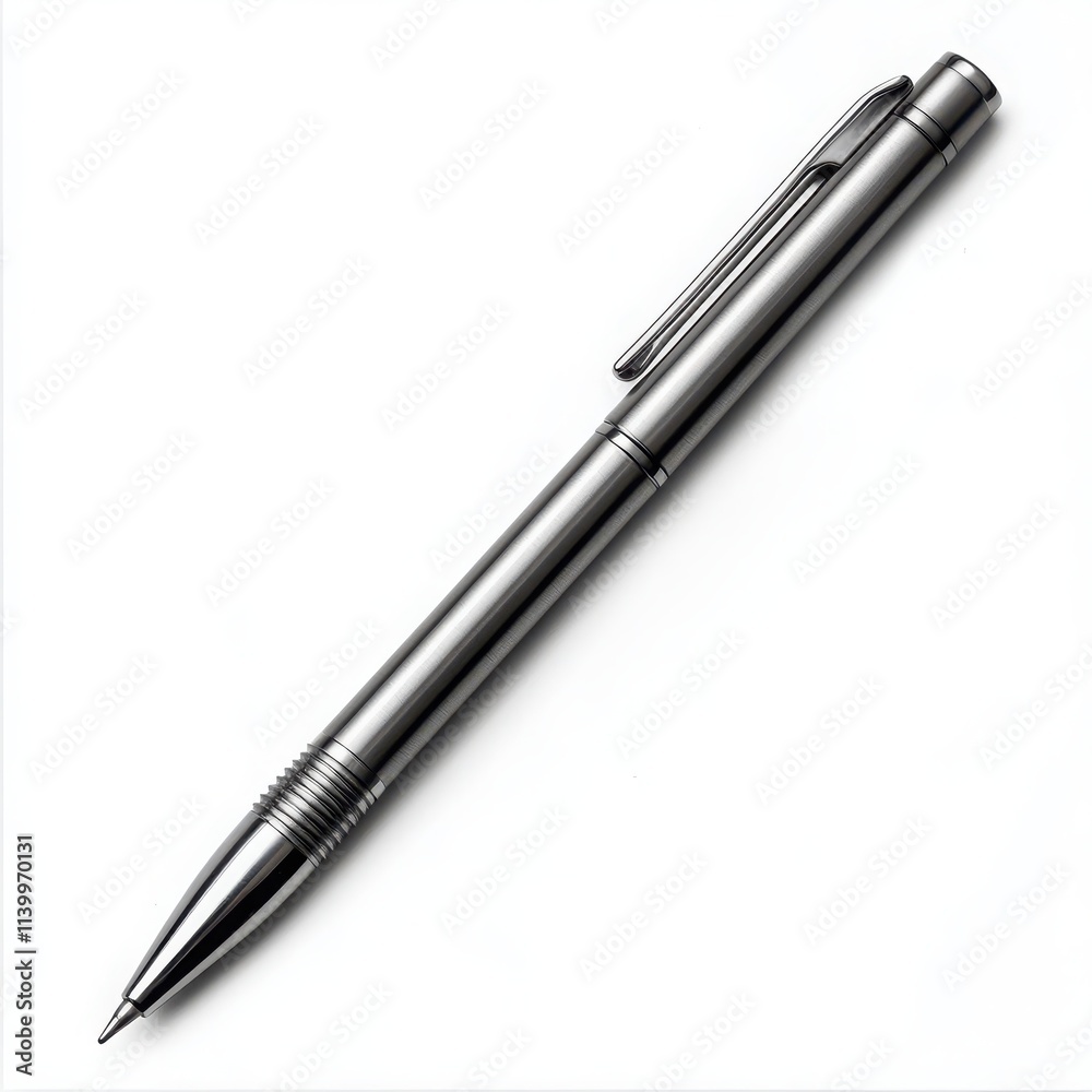 A sleek mechanical pencil with a metal body and retractable lead on a white background A sleek mechanical pencil with a metal body and retractable lead on a white background