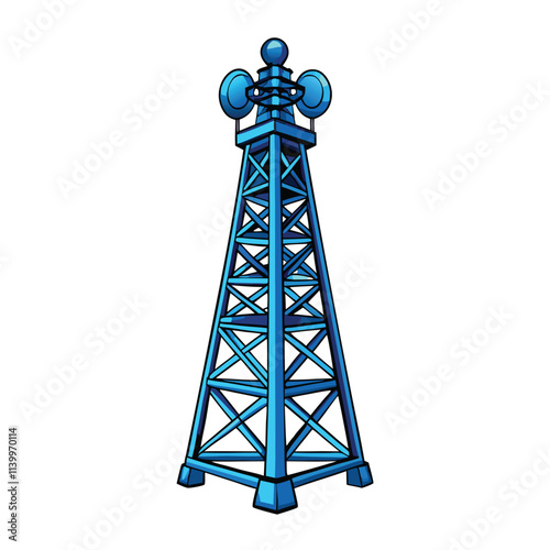 Generate a striking, isolated 3D render of a futuristic blue abstract telecommunication tower.  Emphasize smooth curves and metallic textures.