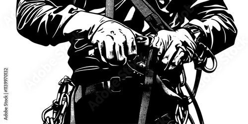 Mountaineer adjusting harness and securing safety gear before starting a climb, Digital Art