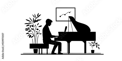 Musician playing piano while experimenting with jazz compositions in a studio, Digital Art