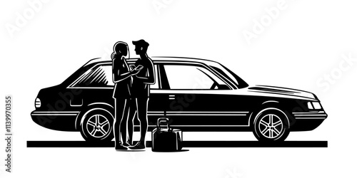 Parent booking a rental car for a family trip using a mobile phone, Digital Art