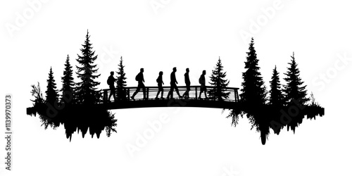 Participants crossing a wooden bridge over a small stream while running, Digital Art