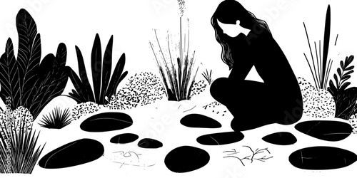 Person arranging large stones to form a pathway in a garden, Digital Art