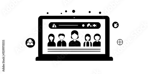 Person booking accommodation for a large group online using a laptop, Digital Art
