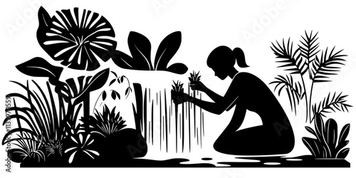 Person arranging plants around a newly built backyard waterfall, Digital Art