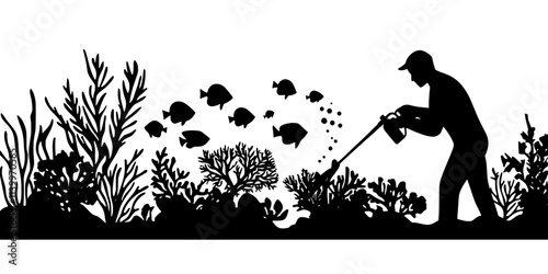Person cleaning algae from coral surfaces in a reef tank using specialized equipment, Digital Art