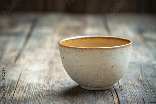 A speckled, off-white ceramic bowl with a light brown interior sits on a rustic wooden table. photo