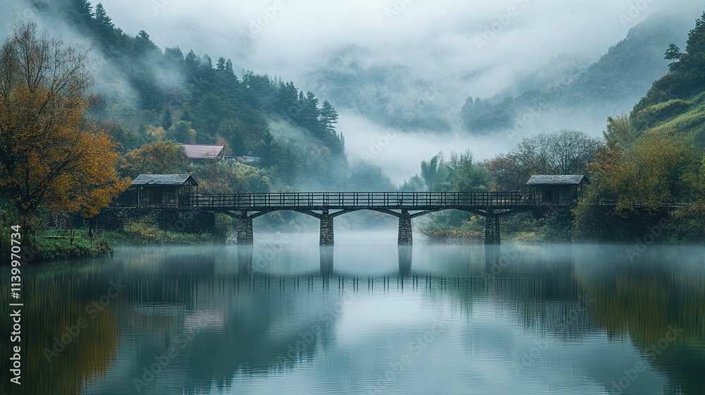 Fototapeta premium Misty Mountain Bridge Reflecting in Calm Water