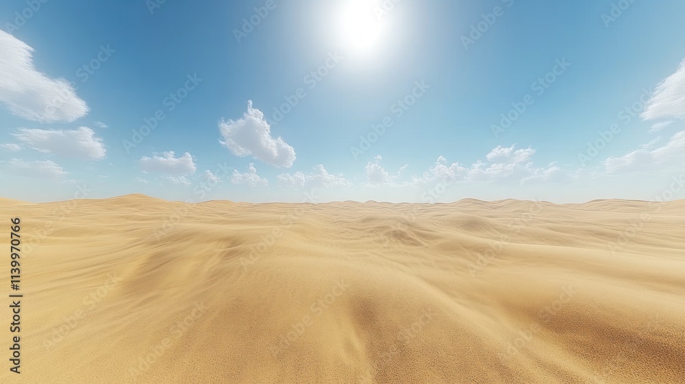 Naklejka premium Sunny desert landscape with sand dunes and blue sky.