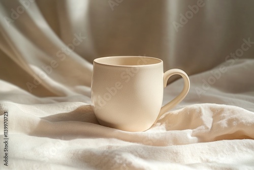 A beige ceramic mug sits on a creamy fabric, bathed in soft sunlight.