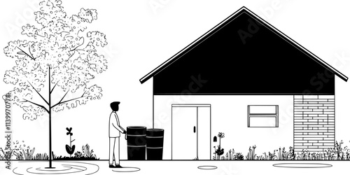 Person installing a rain barrel beside a house to collect water for gardening, Digital Art