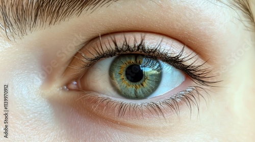 Eye with fluttery eyelash extensions, reflecting soft natural light, and flawless skin in the background. photo