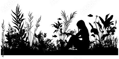 Person trimming overgrown aquatic plants in a densely planted aquarium, Digital Art