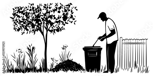Person turning compost in a bin with a pitchfork in a backyard garden, Digital Art