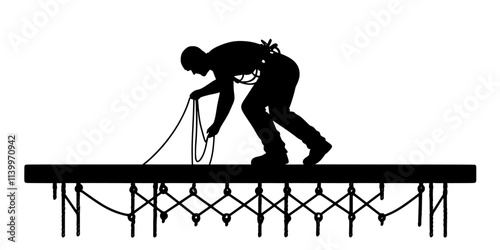 Person verifying bungee cord connections before jumping from a bridge, Digital Art