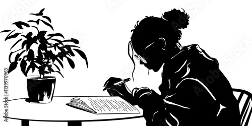 Person writing a travel journal entry while sitting at a café, Digital Art