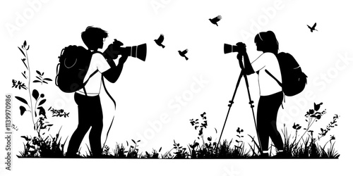 Photographers carrying gear to ideal birdwatching spots, seeking unique compositions, Digital Art