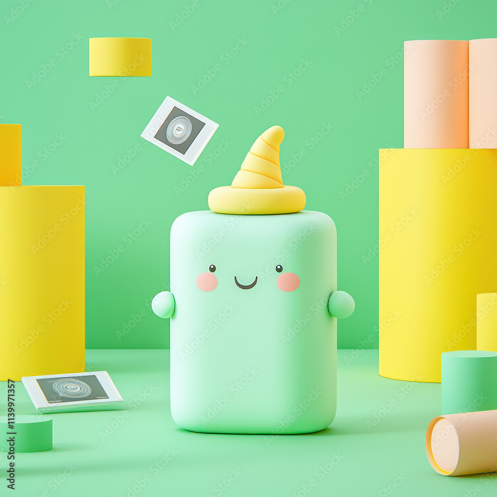 Cute pastel character with playful hat surrounded by colorful geometric shapes