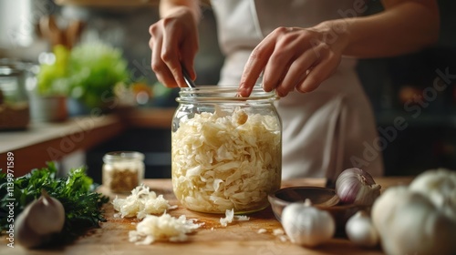 Woman preparing sauerkraut in glass jar.