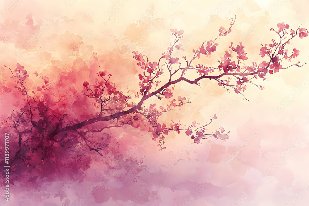 Watercolor Blossom Branch, Pink Hues, Artistic Watercolor Blossom Branch, Pink Hues, Artistic