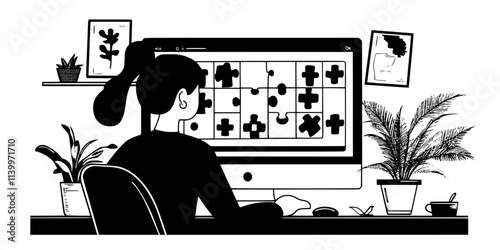 Someone arranging digital pieces in order to complete a puzzle challenge on-screen, Digital Art