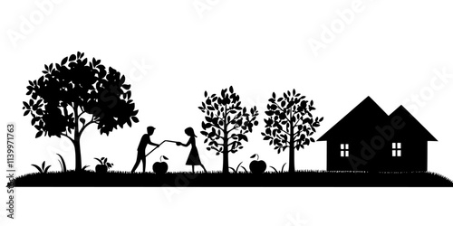 Someone watering a row of fruit trees planted along the side of a home, Digital Art