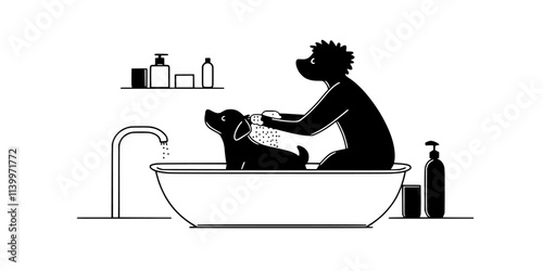 Someone washing a small dog at home, applying shampoo and rinsing to keep the pet clean, Digital Art