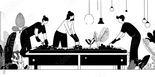 Team installing raised beds for growing vegetables in a residential yard, Digital Art