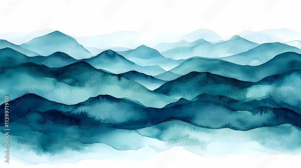 Watercolor Mountains: Blue Hues, Tranquil Scene Watercolor Mountains: Blue Hues, Tranquil Scene