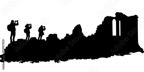 Tourists taking photographs of a historic ruin during a scheduled stop on a heritage tour, Digital Art