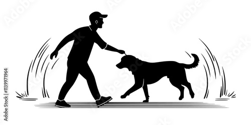 Trainer leading a dog through obstacles like jumps and tunnels on an agility course, Digital Art