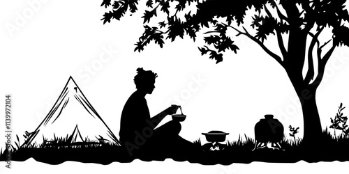 Traveler preparing a lightweight meal using dehydrated food while sitting near a campsite, Digital Art
