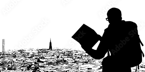 Traveler holding a guidebook, studying a map alone to navigate a city, Digital Art
