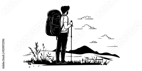 Traveler securing gear into a backpack before starting a hiking adventure in a remote area, Digital Art