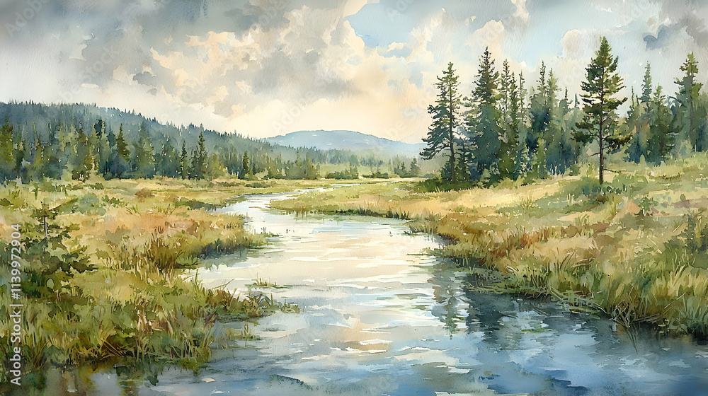 River Flows Gently Through Green Landscape River Flows Gently Through Green Landscape