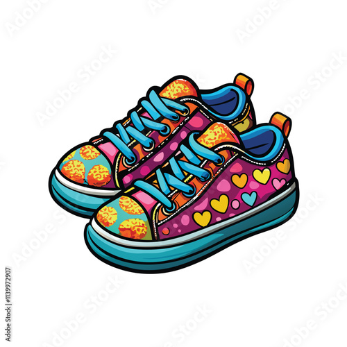 Vibrant, playful children's sneakers with bright, bold patterns, ideal for active kids. Showcasing comfort and durability.