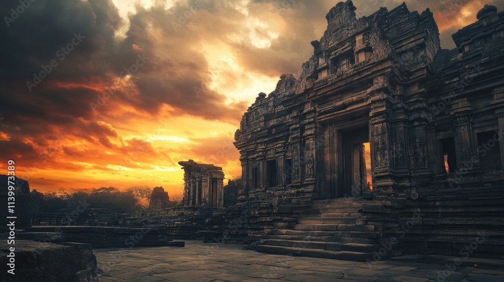 Fototapeta premium Ancient Temple at Sunset: A Majestic Scene of History and Nature
