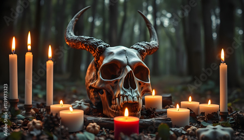 animal skull and candles on dark natural forest background. magical esoteric ritual. symbol of samhain sabbat, Halloween. Mysticism, occultism, Witchcraft concept. wiccan magic practice. top view is