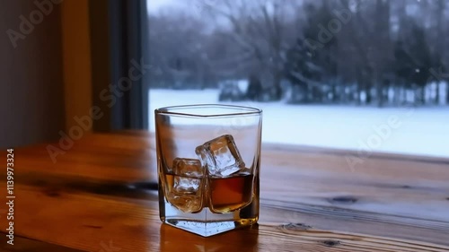 Glass of whiskey with ice, set on a wooden table near a window with falling snow outside, creating a cozy winter evening ambiance
