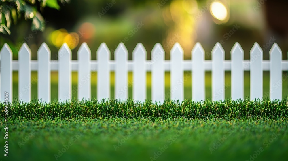 Fototapeta premium Green artificial turf rolls neatly up to a classic white picket fence in a suburban garden.