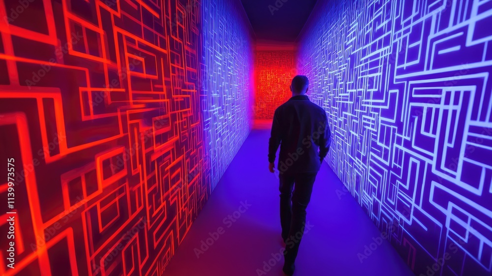 Person walking through a neon maze corridor