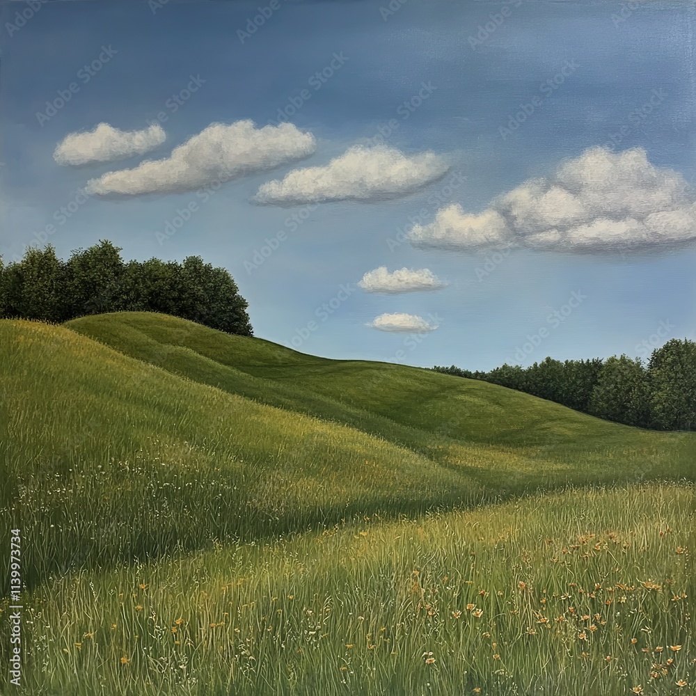 Obraz premium Rolling green hills under a bright blue sky with white clouds.