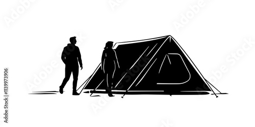 A couple walking toward a large, fully furnished tent at a designated campsite, Vectorized Art