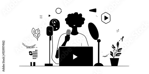 A foley artist capturing environmental sounds using a high-quality microphone and recording software, Vectorized Art