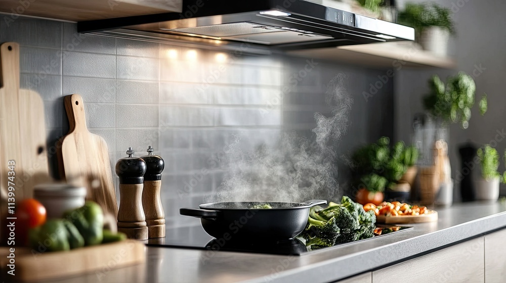 Home chef sauting vegetables under a modern electric hood exhaust with adjustable fan speeds and built-in lighting. Home chef sauting vegetables under a modern electric hood exhaust with adjustable fan speeds and built-in lighting.