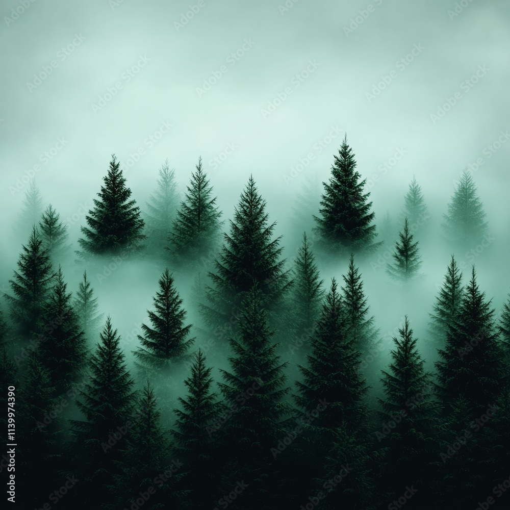 Obraz premium Misty Forest Foggy Pine Trees Nature Background Aerial View