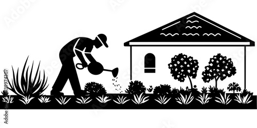 Gardener watering newly planted shrubs in a xeriscaped area near a patio, Vectorized Art